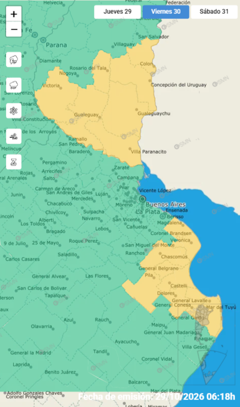 Las alertas amarillas que emitió el SMN para provincia de Buenos Aires y Entre Ríos.