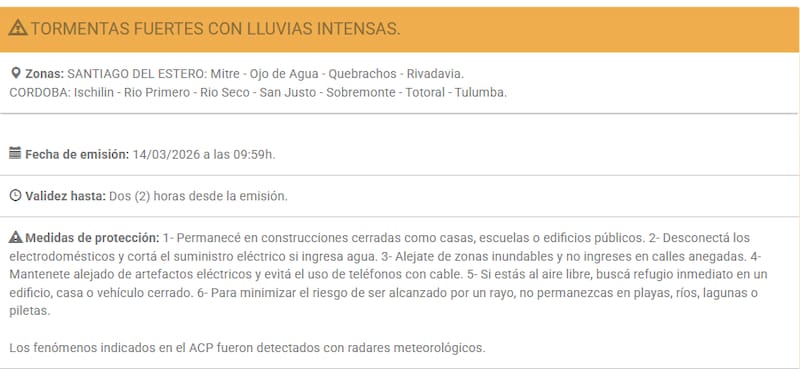 El Alerta Naranja en Santiago del Estero emitido por el SMN.