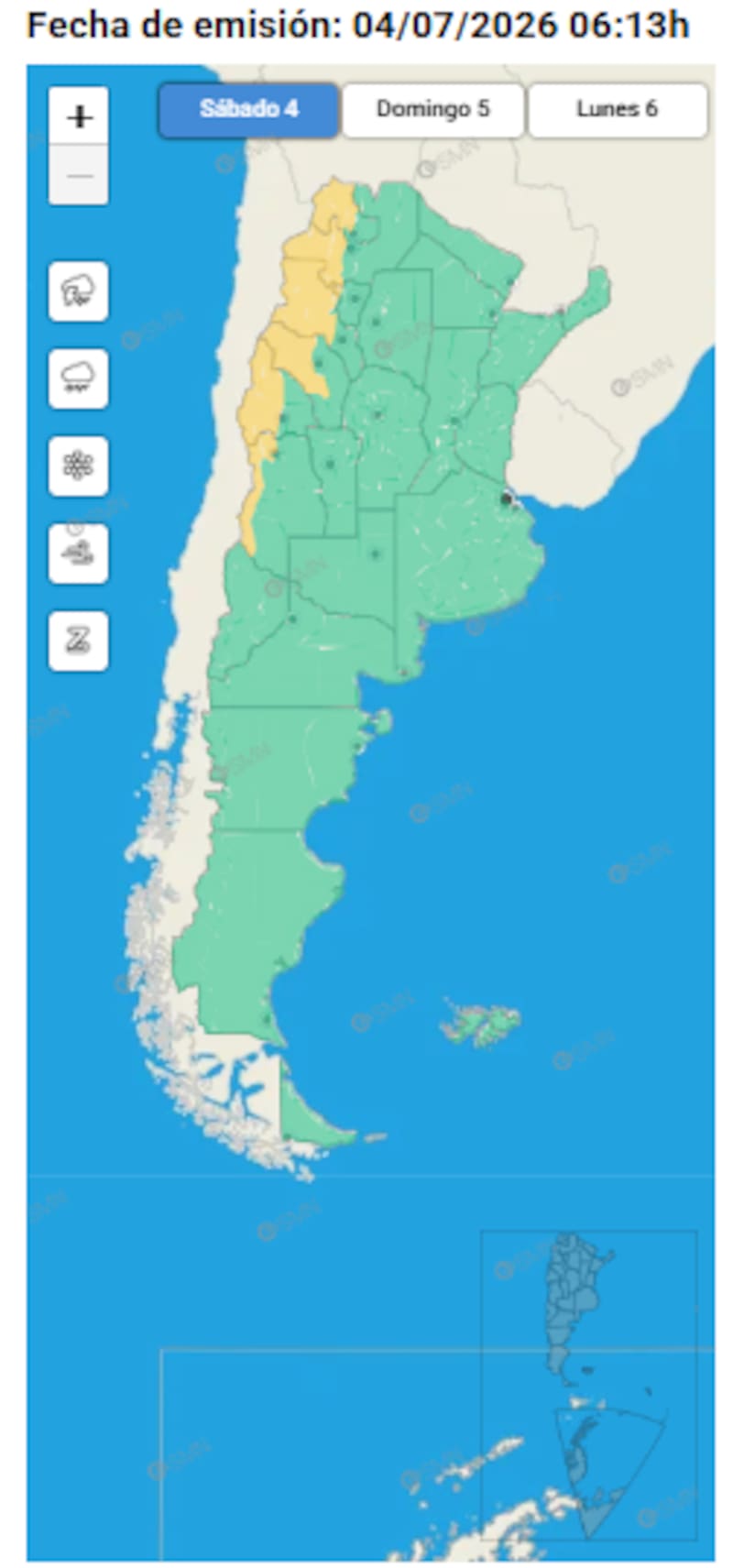 Las alertas amarillas de este sábado 4 de julio, según el SMN.