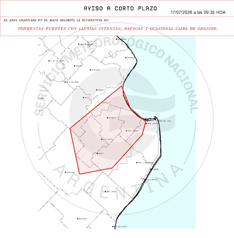 El aviso del SMN dice que parte de la Provincia de Buenos Aires mantiene alertas por tormentas fuertes.