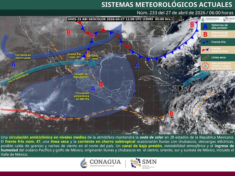 El pronóstico del tiempo para el lunes 27 de abril en la República Mexicana. (Foto: SMN)