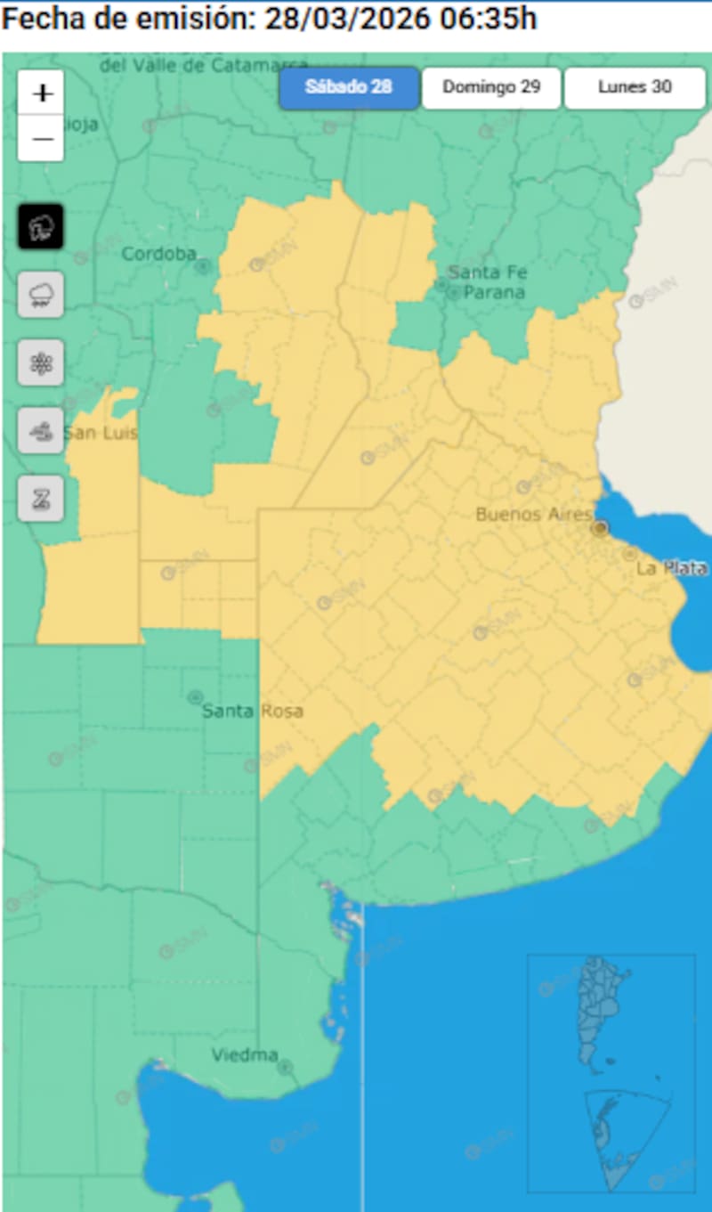 El Servicio Meteorológico Nacional emitió este sábado una alerta amarilla que alcanza a varias provincias argentinas. Foto (SMN)