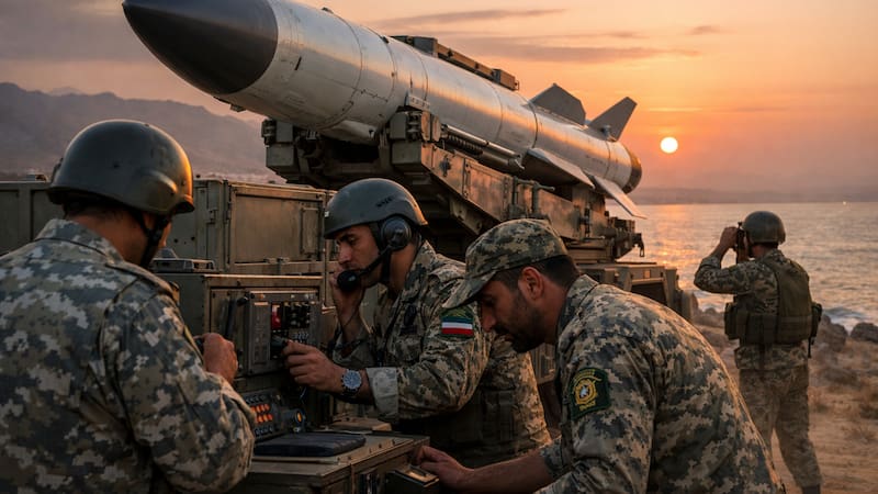 Soldados iraníes operan un sistema de lanzamiento de misiles antibuque en la costa del Golfo Pérsico. (Imagen generada con inteligencia artificial)