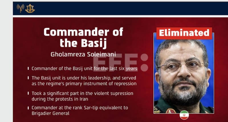 Placa difundida por el ejército israelí tras el anuncio de la muerte del jefe de la Basij
