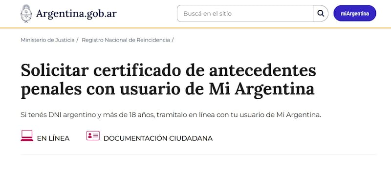 El Certificado de Antecedentes Penales es un documento oficial que permite acreditar si una persona registra antecedentes penales o procesos pendientes. (Foto: Argentina.gob)
