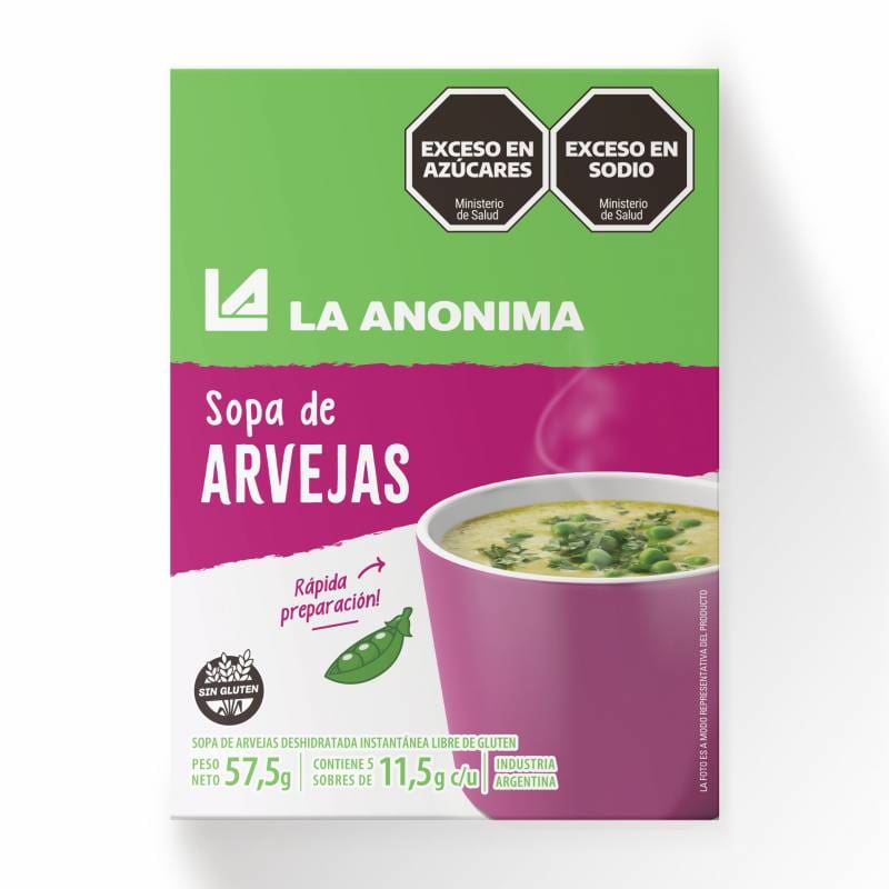 La ANMAT informó el retiro voluntario y preventivo de la Sopa de arvejas deshidratada instantánea libre de gluten, marca La Anónima, presentada en envases de 57,5 gramos. (Foto: La Anónima)