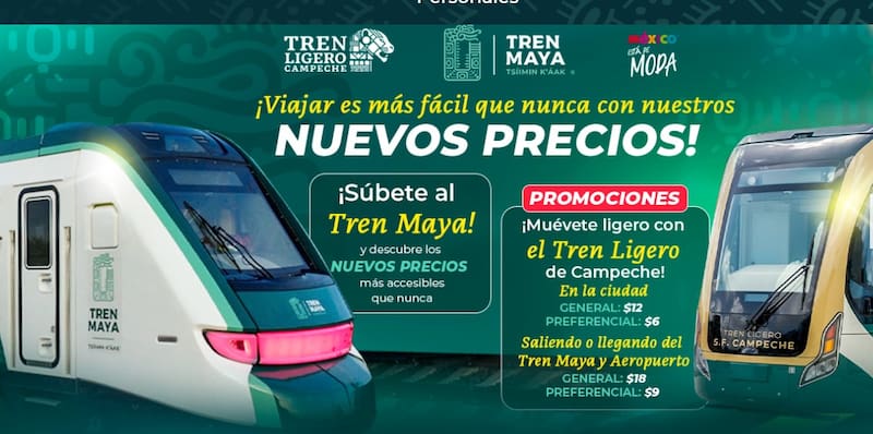 Tren Ligero de Campeche: Conexión urbana con tarifas desde $12 general y $6 preferencial.