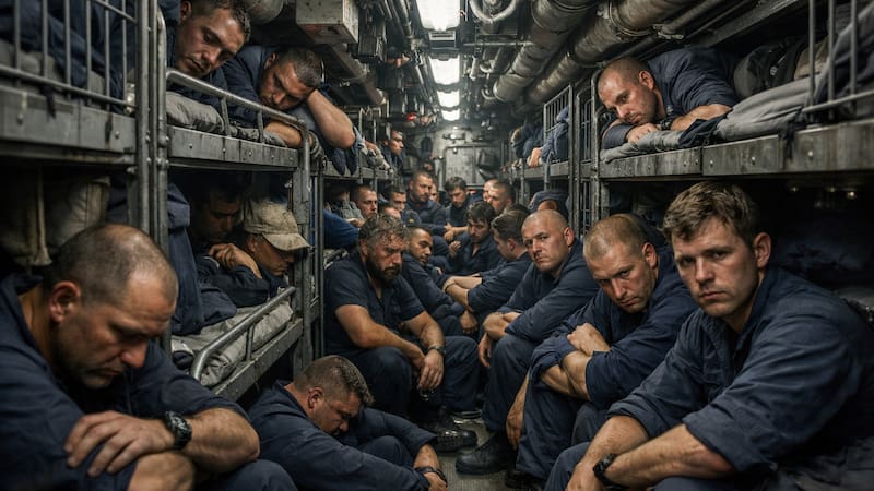 Marineros en el interior de un submarino con literas apiladas y espacio reducido, en una recreación generada con inteligencia artificial que muestra las condiciones de convivencia a bordo.