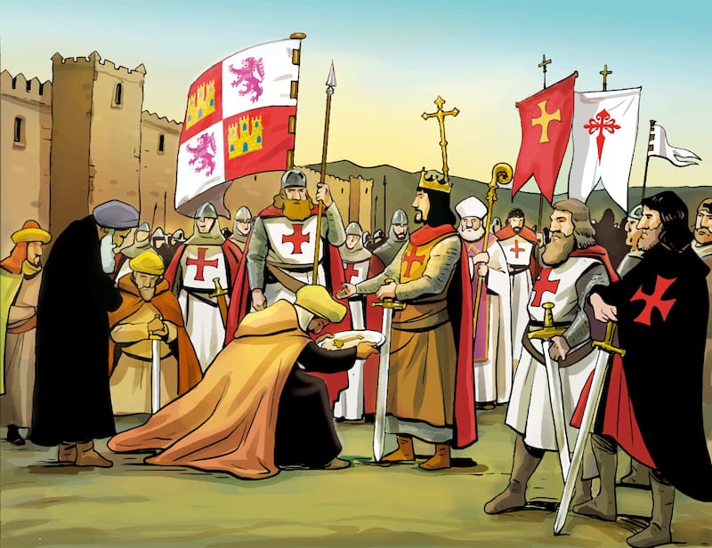 Ilustración de la rendición y entrega de las llaves de la ciudad por parte de los musulmanes al rey cristiano.