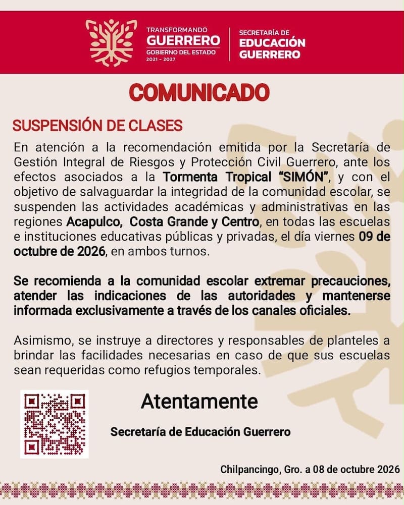 Suspensión de Clases en Guerrero: tres zonas afectadas por la tormenta tropical Simón.