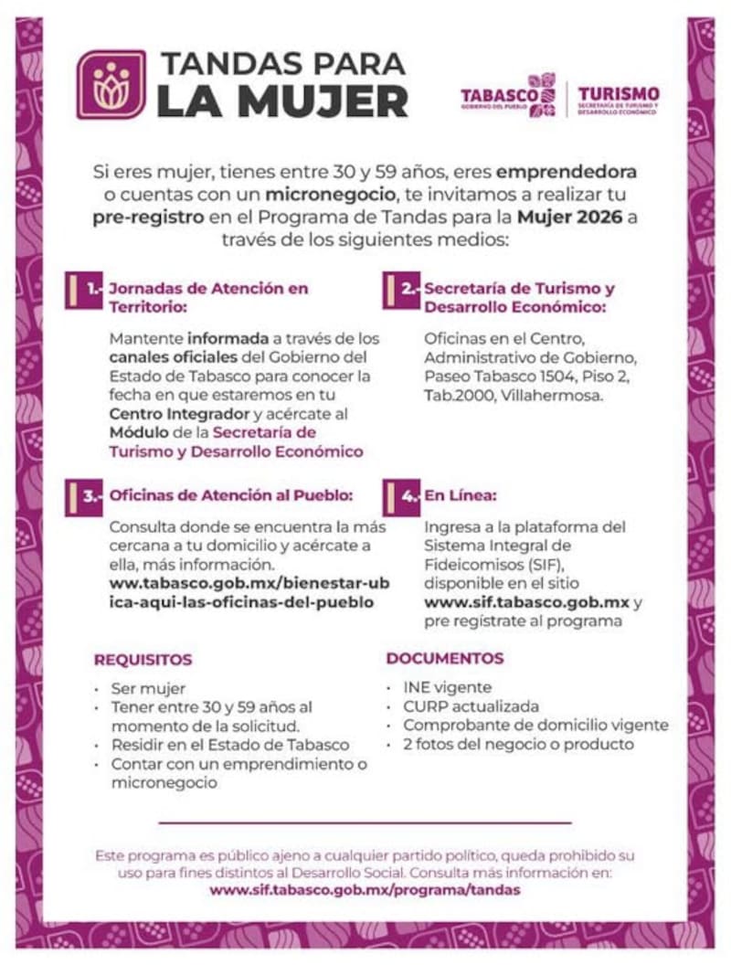 La Secretaría de Turismo de Tabasco promueve los financiamientos para mujeres emprendedoras.
