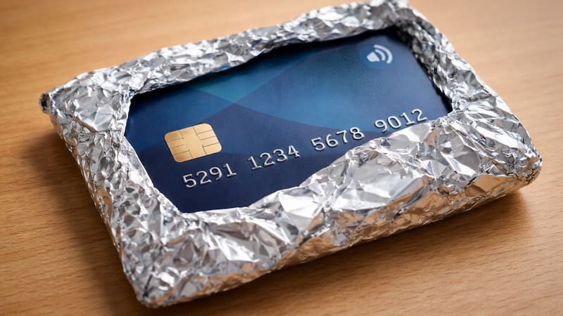 Tarjeta bancaria envuelta en papel aluminio, un recurso casero utilizado para bloquear señales y reducir el riesgo de lectura no autorizada en sistemas de pago sin contacto. Fuente: IA.
