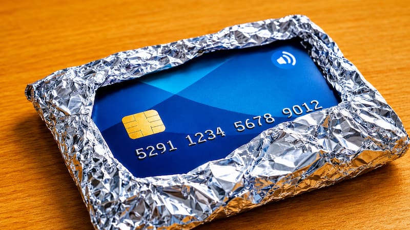 Tarjeta bancaria envuelta en papel aluminio, un recurso casero utilizado para bloquear señales y reducir el riesgo de lectura no autorizada en sistemas de pago sin contacto. Fuente: IA.