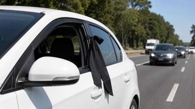 Qué significa ver una tela negra colgando de la ventana de un auto en la ruta y por qué hay que respetar esta señal. (Representación creada con IA)