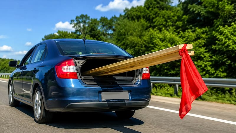 Para que cumpla su función, la tela debe instalarse en el extremo de la carga que sobresale y permanecer completamente visible durante el recorrido. (Foto: imagen ilustrativa creada con IA)
