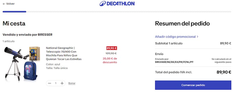 Decathlon ofrece el telescopio refractor BRESSER JUNIOR 70/400 en descuento. (Fuente: National Geographic).