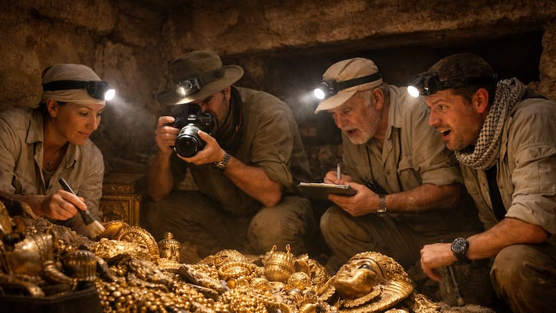 Recreación generada con inteligencia artificial que ilustra el momento del hallazgo arqueológico de una tumba con objetos de oro en Egipto.