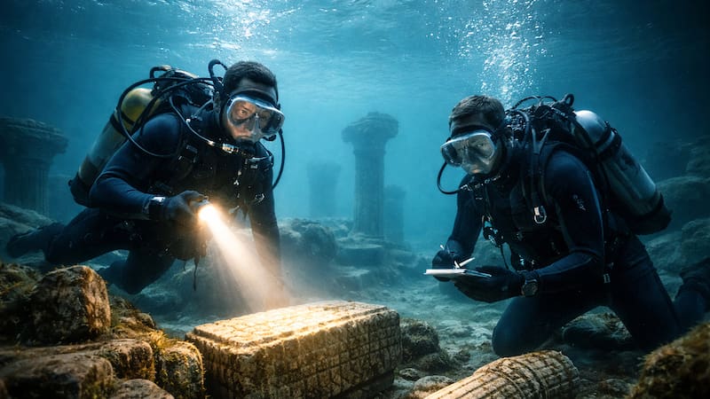 Imagen creada con IA de una búsqueda de un tesoro submarino.