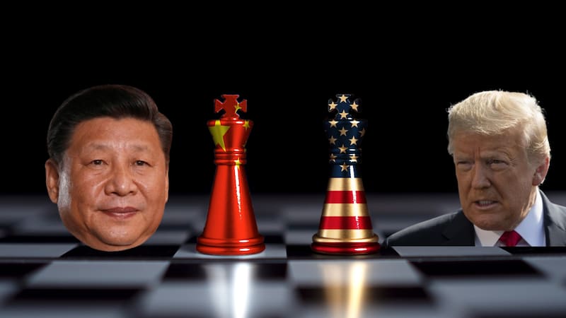 The United States flag and the Chinese flag are screen printed on a pawn chess piece with a black background, Represents trade war tariff barriers between the United States and China.
