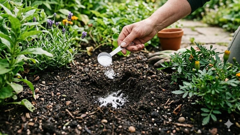Tirar bicarbonato en las macetas y el jardín