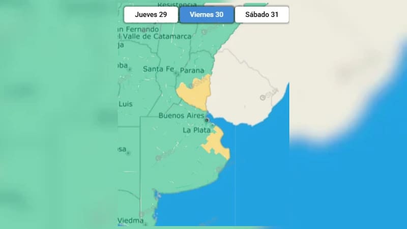 Las zonas de Entre Ríos y Buenos Aires bajo alerta meteorológica amarilla.