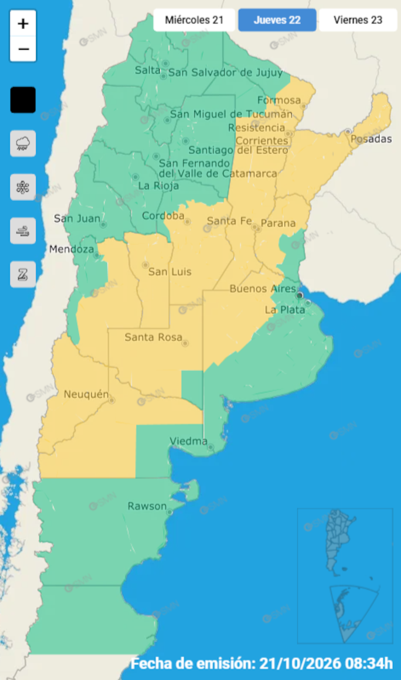 Alerta amarilla: el SMN advierte por fuertes tormentas el jueves 22 de octubre en distintas provincias. (Foto: SMN)