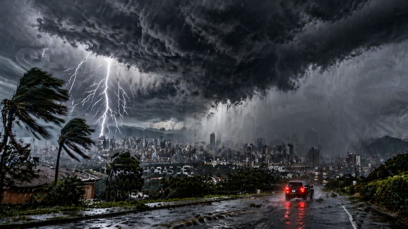 Se viene un diluvio histórico con largas horas de lluvias intensas, tormentas y ráfagas de viento. (Representación creada con IA)