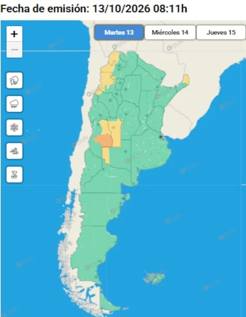 Llegan fuertes tormentas a 4 provincias del país este martes 13 de octubre: se esperan lluvias intensas y ráfagas intensas que pueden superar los 60 km/h.