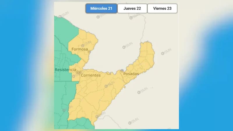 Alerta meteorológica amarilla por tormentas para Corrientes y Misiones.