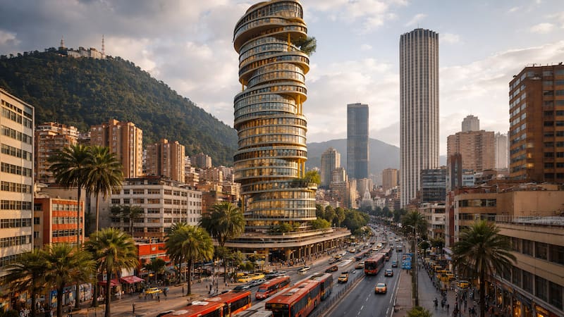 Inauguran mega edificio con hotel y helipuerto que recuerda a la Torre de Pisa en plena capital latinoamericana.