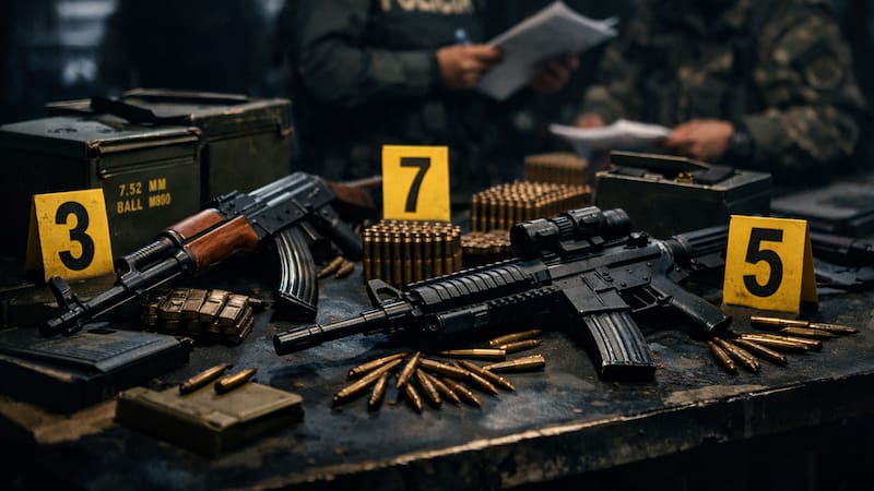 Operativos conjuntos de la Fiscalía, la Policía y la Contrainteligencia Militar permitieron la incautación de armamento militar destinado a organizaciones ilegales. Imagen generada con IA.