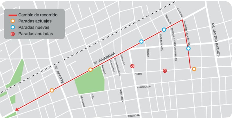 Las unidades de las líneas 2 de colectivos circularán por Quito, Quintino Bocayuva y avenida Rivadavia antes de retomar su recorrido habitual