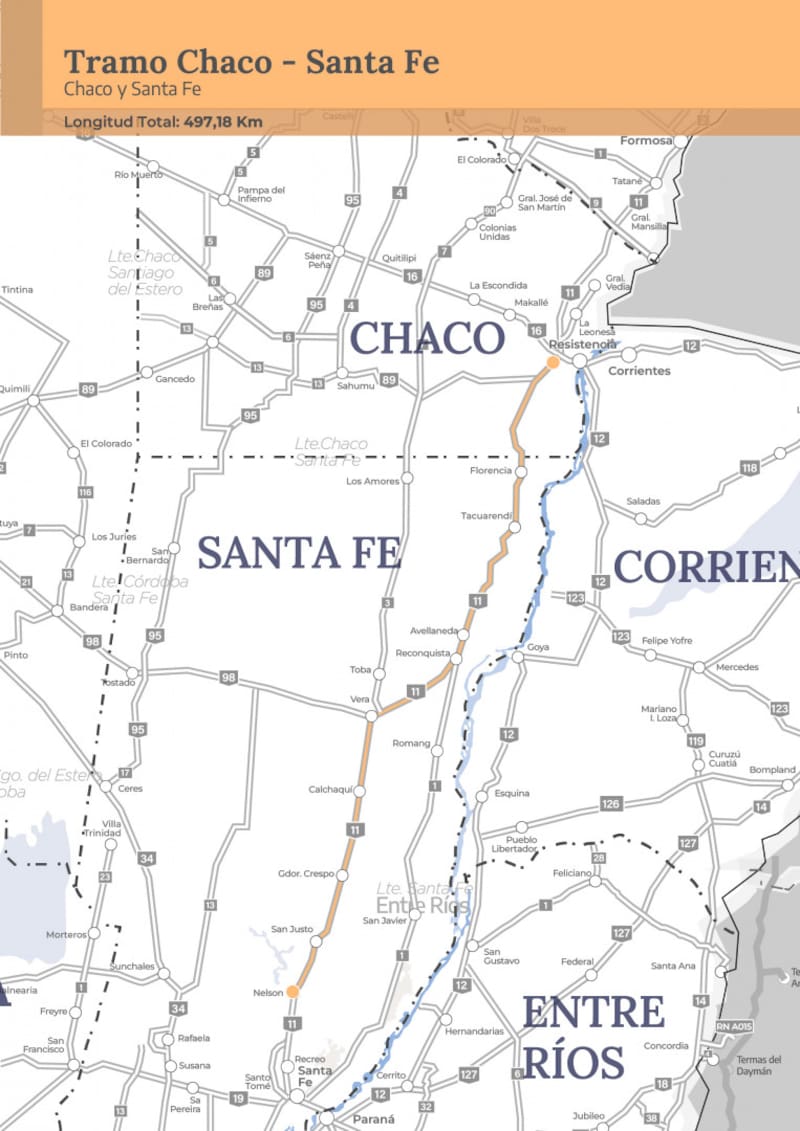 El Tramo Chaco-Santa Fe, sobre la ruta nacional 11, fue adjudicado a José Eleuterio Pitón S.A., Rovial S.A. y Obring S.A., con una tarifa de $3.520 sin IVA. (Fuente: Argentina.gob)