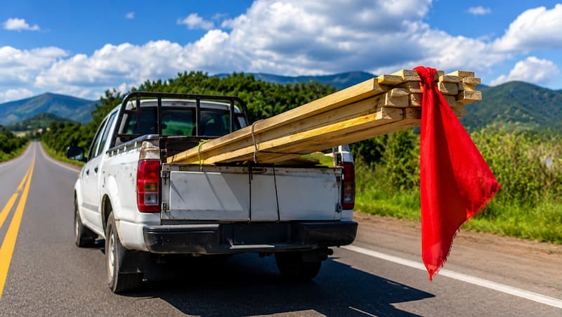 La tela roja cumple la función de advertir que el vehículo transporta una carga que excede el largo habitual de la carrocería, especialmente en la parte trasera. (Imagen generada con IA)