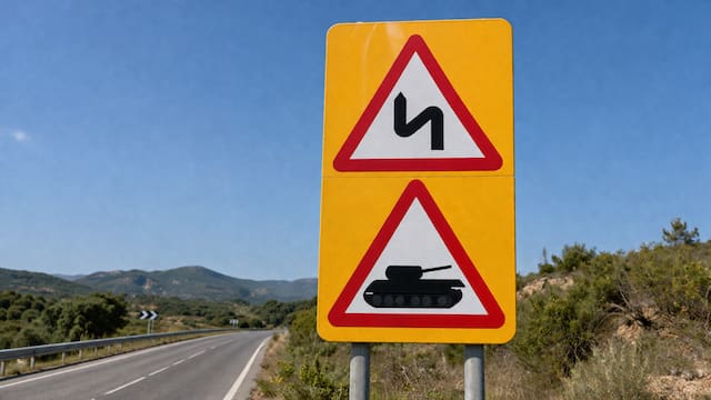 Qué significa la señal de tránsito de dos triángulos con borde rojo sobre amarillo con un tanque y una curva doble