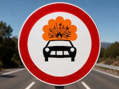 Qué significa la señal de tráfico circular con borde rojo, un auto y una explosión naranja arriba