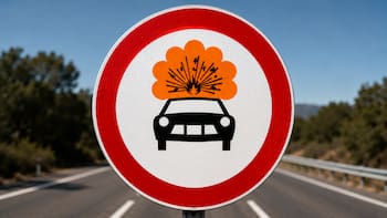 Qué significa la señal de tráfico circular con borde rojo, un auto y una explosión naranja arriba