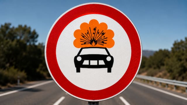 Qué significa la señal de tráfico circular con borde rojo, un auto y una explosión naranja arriba