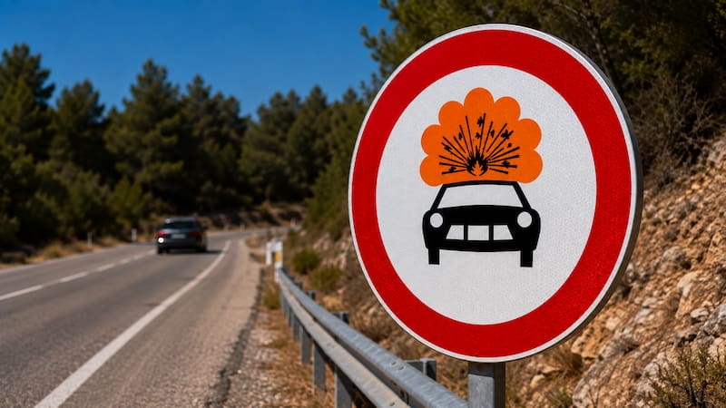 El símbolo indica que está prohibido el paso a los vehículos destinados al transporte de mercancías peligrosas, como explosivos, combustibles o sustancias inflamables.