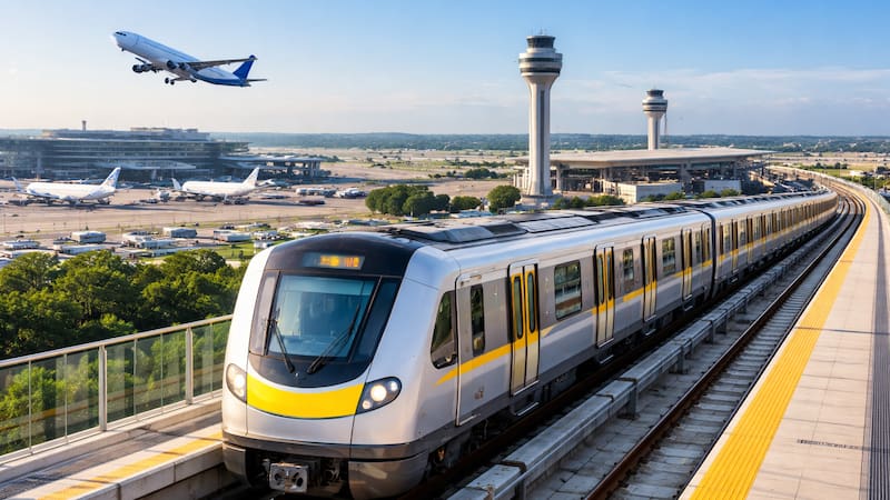 Una ciudad latina será la primera en construir un tren que conecta a dos aeropuertos internacionales. (Representación creada con IA)