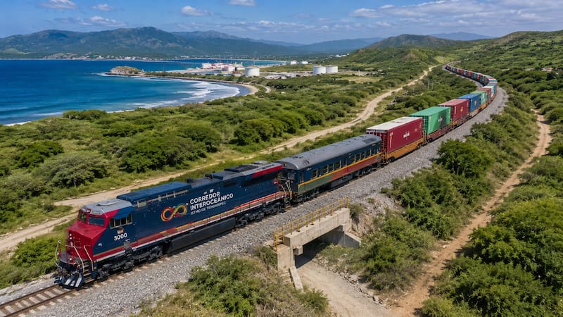 Según reportes oficiales y pruebas logísticas recientes, la idea del proyecto consiste en descargar mercancías de un barco, transportarlas en tren a través del istmo y volver a embarcarlas en el otro océano. (Representación creada con IA)