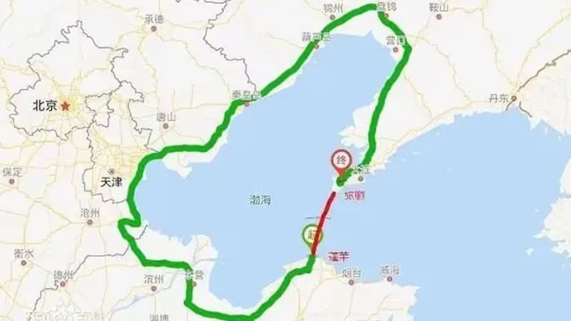 Ruta del Bohai Strait Tunnel, el cual permitirá ir por debajo del mar para evitar bordear la península.