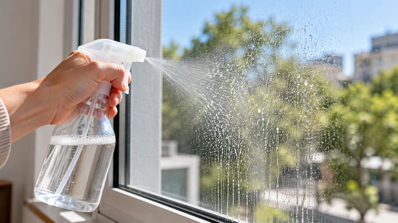 Una mano utilizando el rociador con la mezcla sobre la ventana.
