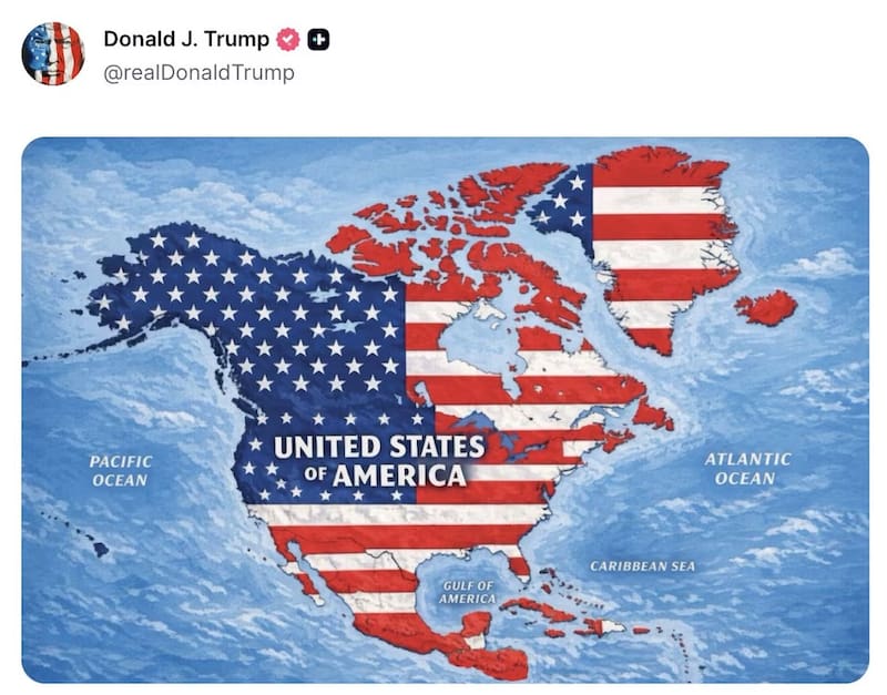 Trump posts a controversial map with the U.S. flag covering Canada, Mexico, and Greenland. Image: @realDonaldTrump.