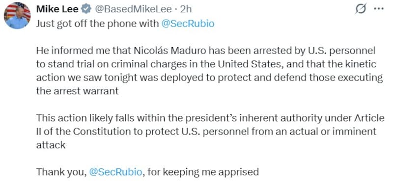 "Rubio me aseguro que Maduro enfrentará un juicio penal en EE.UU.", dijo el senador Mike Lee