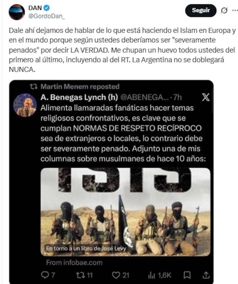 El tuit del gordo Dan contra Martín Menem.