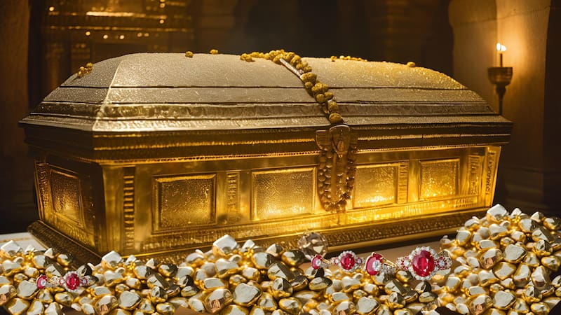 Con más de 110 kilos de este metal precioso puro y miles de objetos bien conservados, el hallazgo no solo es un tesoro arqueológico sino un símbolo invaluable de la historia. (Fuente: Representación creada con IA)