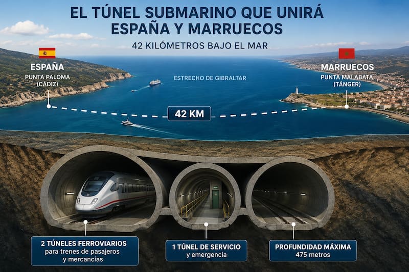 El proyecto busca conectar Punta Paloma, en Cádiz, con Punta Malabata, cerca de Tánger, mediante un túnel ferroviario submarino de aproximadamente 42 kilómetros de longitud. (Foto: Chat GPT)