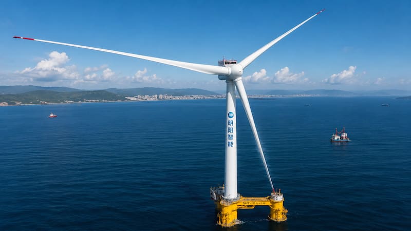 La instalación pertenece a la compañía Mingyang Smart Energy y tiene una capacidad de 20 megavatios (MW), una cifra sin precedentes para un aerogenerador offshore. Imagen: ChatGPT.