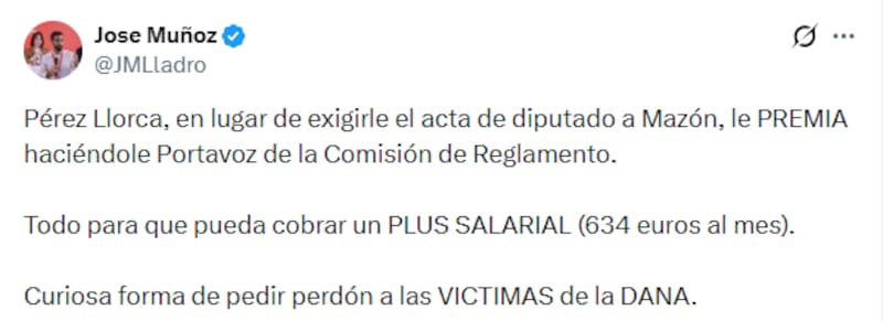 El dirigente socialista José Muñoz cuestionó la gestión de Mazón, lo que desató una ola de reacciones desde el Consell